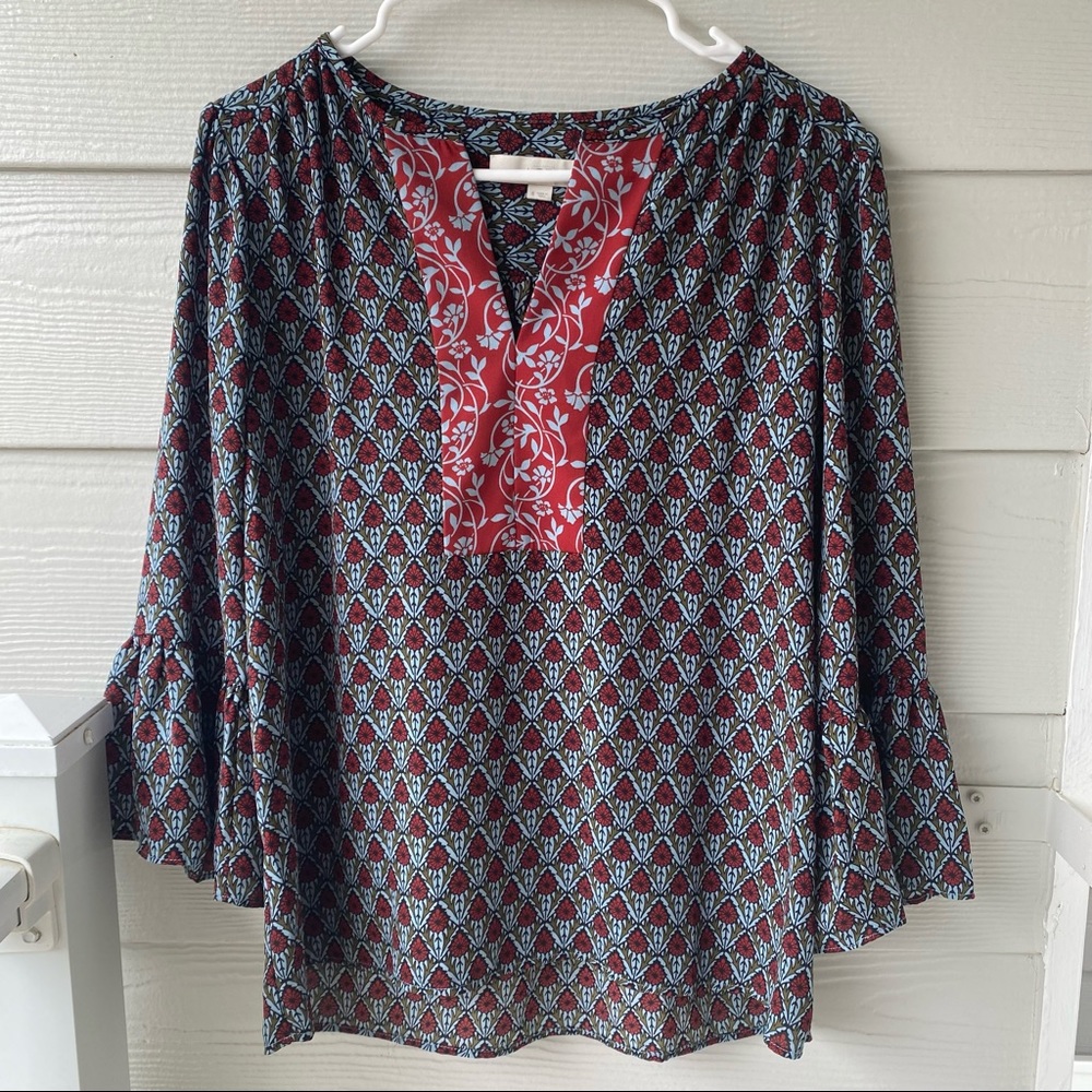LOFT Patterned Red and Teal Peasant Blouse